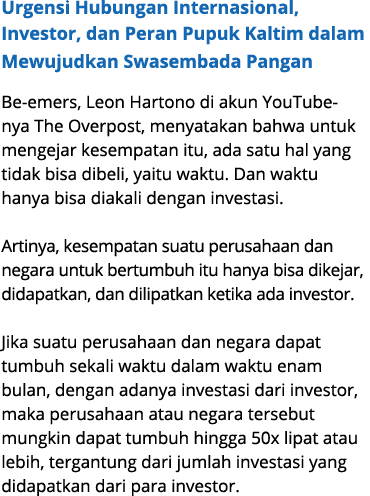 Urgensi Hubungan Internasional, Investor, dan Peran Pupuk Kaltim dalam Mewujudkan Swasembada Pangan Be emers, Leon Ha...