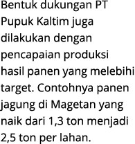 Bentuk dukungan PT Pupuk Kaltim juga dilakukan dengan pencapaian produksi hasil panen yang melebihi target. Contohnya...