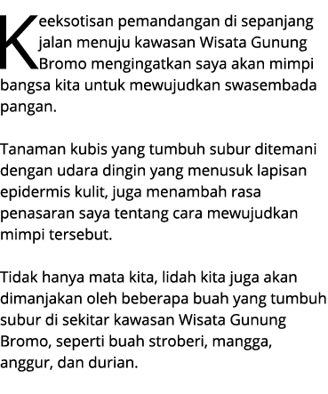 Keeksotisan pemandangan di sepanjang jalan menuju kawasan Wisata Gunung Bromo mengingatkan saya akan mimpi bangsa kit...